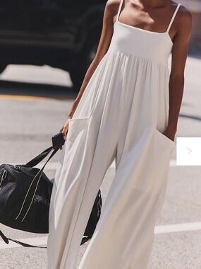 FP Movement Hot Shot Strappy Onesie Wide-Leg Cream Sleeveless Jumpsuit